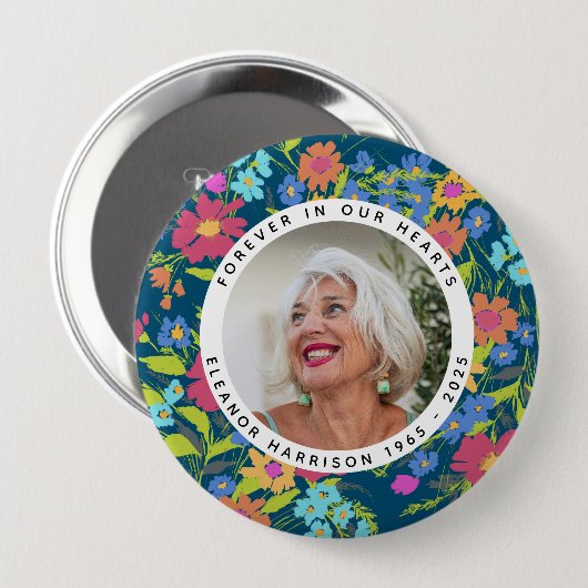 Pretty Wildflower Memorial Photo Frame with Text Button (Vorne & Hinten)