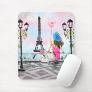 Pretty Woman and Pink Heart Balloon - I Love Paris Mousepad
