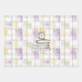 Pretty Yellow Purple Floral Books Clock Birthday Geschenkpapier Set