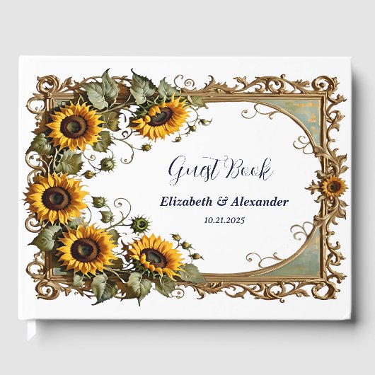 Pretty Yellow sunflower with art frame wedding Gästebuch (Vorderseite)