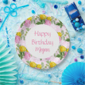 PrettyPink Yellow Roses Happy Birthday Floral Pappteller (Party)