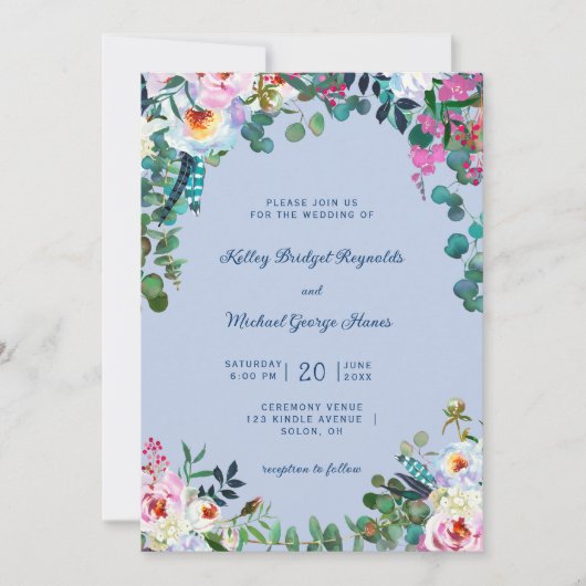 Preußen Blau & Periwinkle Boho Paradise Floral Einladung (Vorderseite)