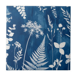 Preußisch Indigo Blau Cyanotyp Farn Botanische Kun Fliese