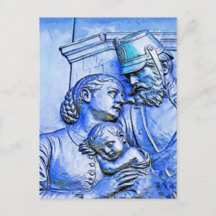 Preußischer Soldat, Frau und Baby, blaue Farbe Postkarte
