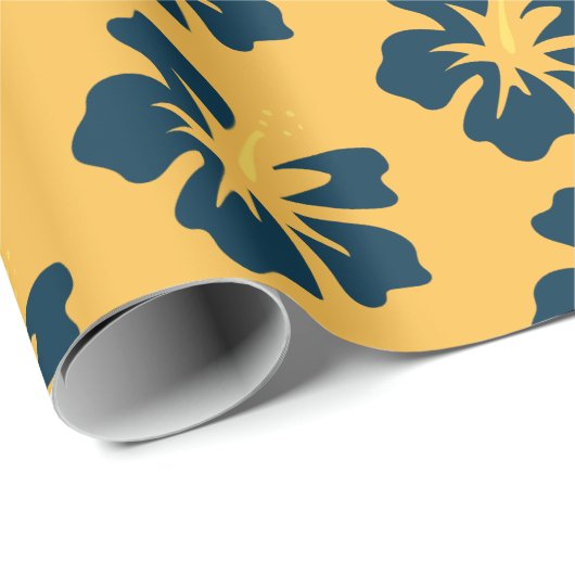 Preußisches Blau auf gelbem Hibiskus Geschenkpapier (Rolleneckpunkt)