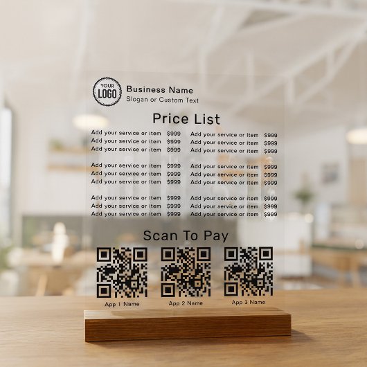 Price List With Business Logo QR Code Scan To Pay Acrylschild