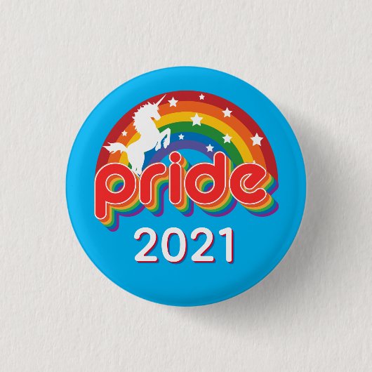Pride 2022 LGTBQ+ mit Retro-Regenbogen und Einhorn Button (Vorderseite)