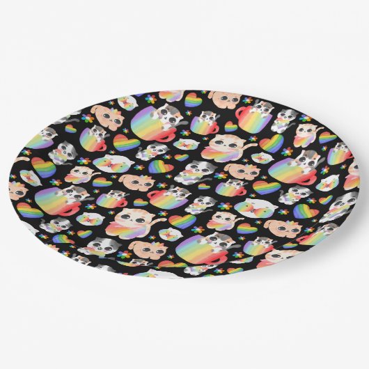 Pride cat and rainbow hearts seamless pattern pappteller (Schrägansicht)
