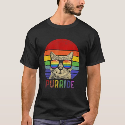 Pride Cat Purride Gay LGBTQ Rainbow Flag Retro Sty T-Shirt (Vorderseite)