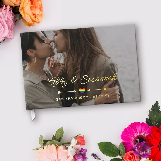 Pride Heart Gold Arrows Foto LGBTQ Hochzeit Gästebuch