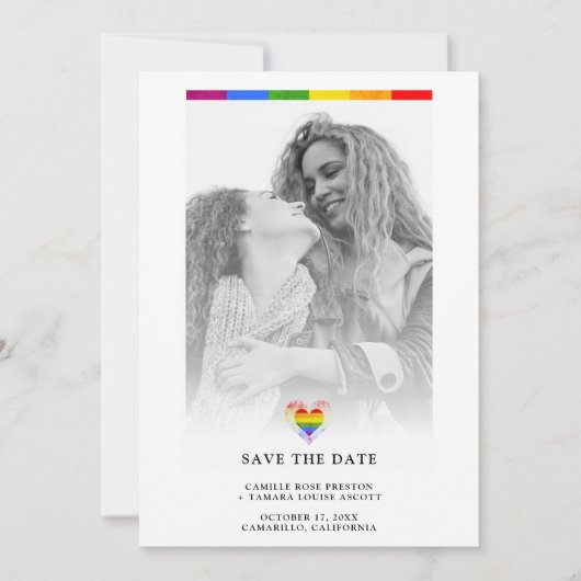 Pride Rainbow Heart Lesbian Wedding Simple Foto Save The Date (Vorderseite)