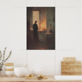 Priest Praying By Candlelight, Christian Wall Art Poster (Küche)