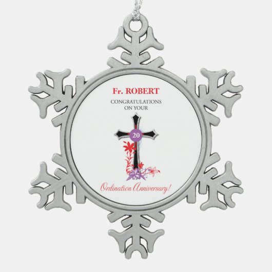 Priester 20. Ordination Jubiläum Schwarzes Kreuz Schneeflocken Zinn-Ornament (Vorderseite)