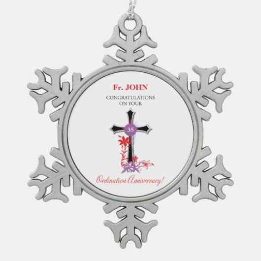 Priester 35. Ordination Jubiläum Schwarzes Kreuz Schneeflocken Zinn-Ornament (Vorderseite)