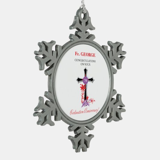Priester 70. Ordination Jubiläum Schwarzes Kreuz Schneeflocken Zinn-Ornament (Links)