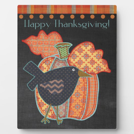 Prim Crow Patchwork Pumpkin Happy Thanksgiving Fotoplatte (Vorderseite)