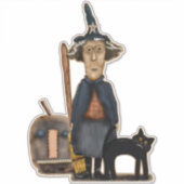 Prim Hexe mit Broom Pumpkin Kat Niedliches Hallowe Aufkleber (Vorderseite)