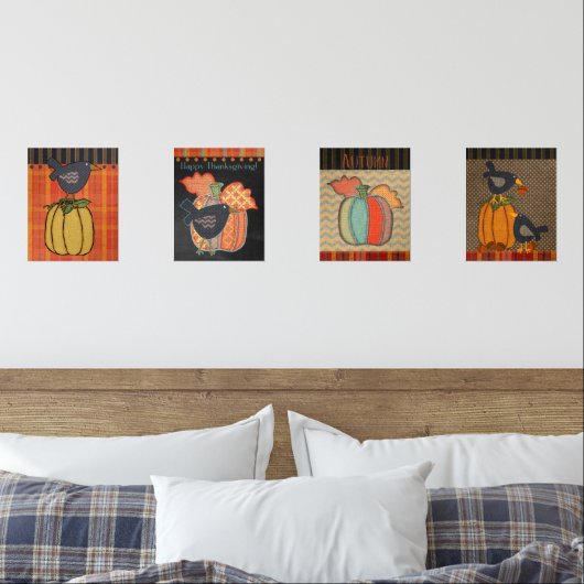 Prim Pumpkins und Crow Erntedank Fall Folklorekuns Bilderwand Sets (Schlafzimmer)