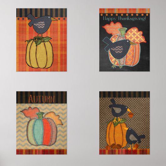 Prim Pumpkins und Crow Erntedank Fall Folklorekuns Bilderwand Sets (Vorderseite)