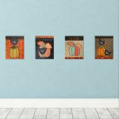 Prim Pumpkins und Crow Erntedank Fall Folklorekuns Bilderwand Sets (Holzboden)