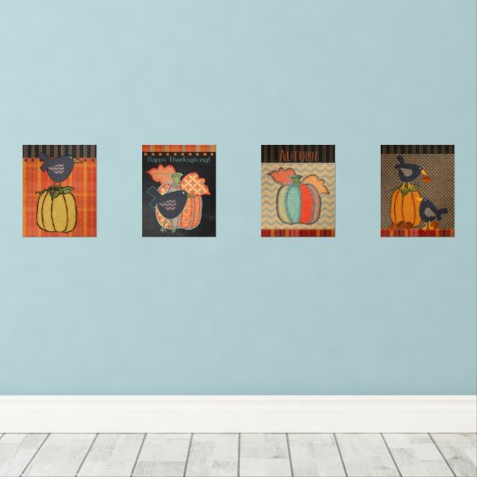 Prim Pumpkins und Crow Erntedank Fall Folklorekuns Bilderwand Sets (Holzboden)