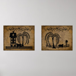 Prim Salt Box House Willow Tree Sheep Pip Berries Bilderwand Sets