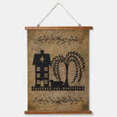 Prim Saltbox House Willow Tree Sheep Wandteppich Mit Holzrahmen (Vorderseite)