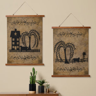 Prim Saltbox House Willow Tree Sheep Wandteppich Mit Holzrahmen