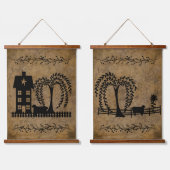 Prim Saltbox House Willow Tree Sheep Wandteppich Mit Holzrahmen (Doppelt)