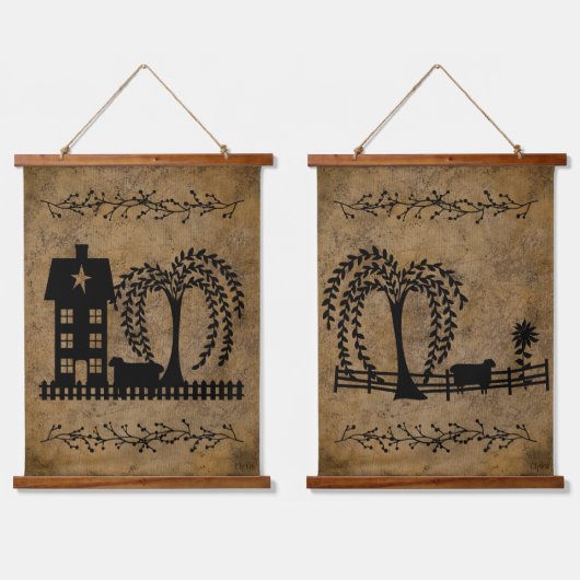 Prim Saltbox House Willow Tree Sheep Wandteppich Mit Holzrahmen (Doppelt)