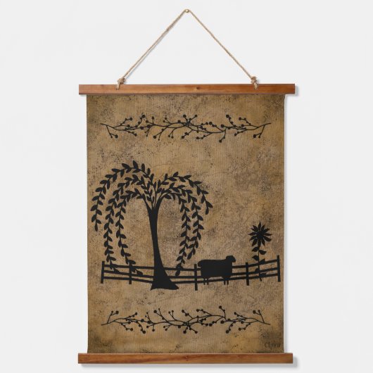 Prim Saltbox House Willow Tree Sheep Wandteppich Mit Holzrahmen (Vorderseite 2)