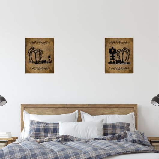 Prim Saltbox House Willow Trees and Sheep Bilderwand Sets (Schlafzimmer)