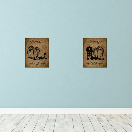 Prim Saltbox House Willow Trees and Sheep Bilderwand Sets (Holzboden)