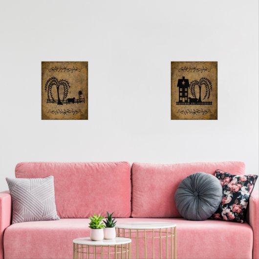 Prim Saltbox House Willow Trees and Sheep Bilderwand Sets (Wohnzimmer)