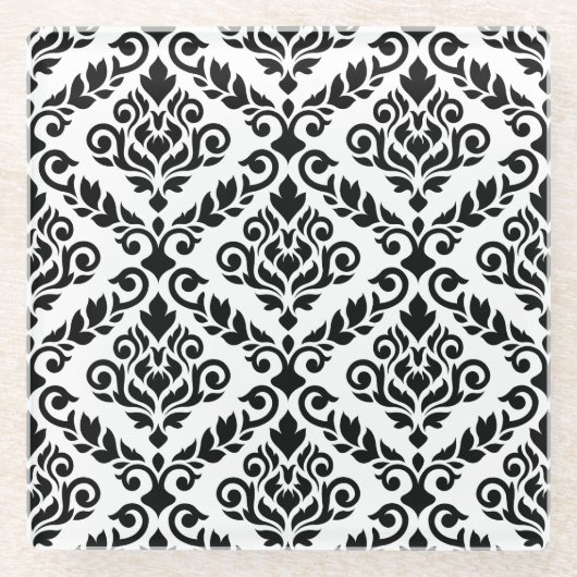 Prima Damask Muster Black auf Weiß Glasuntersetzer (Vorderseite)