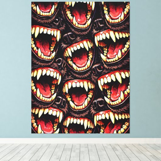 Primal Wolf Pack Snarling Fangs Horror Pop Art Leinwanddruck (Insitu (Holzboden))