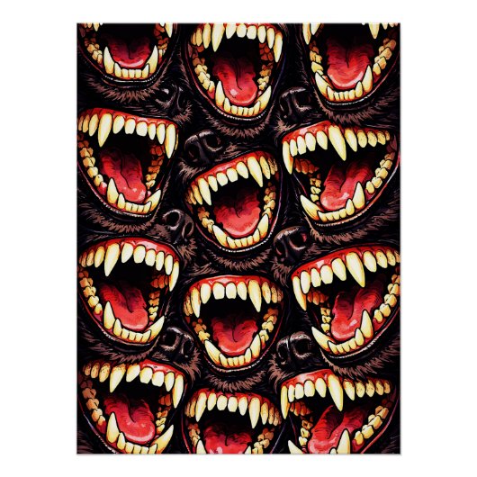 Primal Wolf Pack Snarling Fangs Horror Pop Art Poster (Vorderseite)