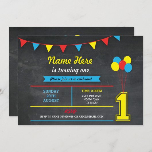 Primärfarbige Geburtstagskinder 1. Einladung (Vorne/Hinten)