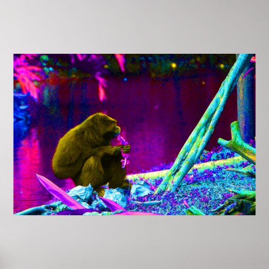 Primat frisst Grüntöne am Rande des Neons Poster (Vorne)