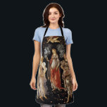 Primavera, Allegorie des Frühlings von Sandro Bott Schürze<br><div class="desc">Primavera oder Allegorie des Frühlings c. 1482 von Sandro Botticelli (144-1510) ist ein Vintages Renaissance-Kunstmythologie-Naturgemälde mit einer Gruppe mythologischer Figuren in einem Wald oder Garten. Allegorisch für das üppige Wachstum der Frühjahrssaison. In einem Orangenhain sind sechs Frauen,  zwei Männer und ein mit Jalousie gefalteter Engel.</div>