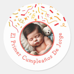 Primer Cumpleaños de Bebé Fiesta Infantil Con Foto Runder Aufkleber