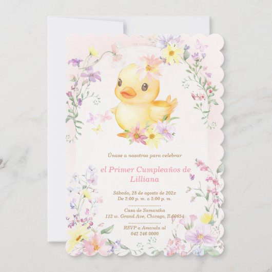 Primer Cumpleaños Pato de Goma Rosa para Niña Einladung (Vorderseite)