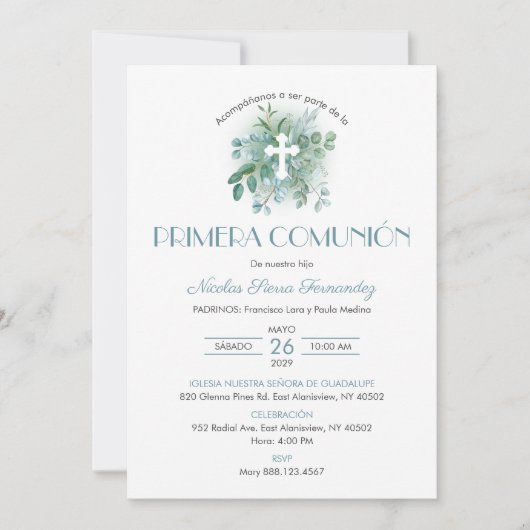 Primera Comunion Einladung Grüne Blätter Kommune (Vorderseite)