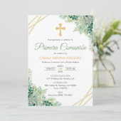 Primera Comunion Einladung Niedliche grüne Blätter (Stehend Vorderseite)