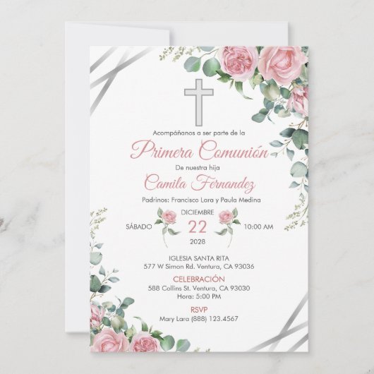 Primera Comunion Einladung Wasserfarben Rosen (Vorderseite)