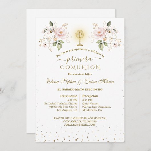 Primera Comunión Girls Twins First Holy Communion Einladung (Vorne/Hinten)