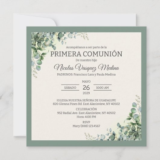 Primera Comunion Green Verlasst Boy First Communat Einladung (Vorderseite)