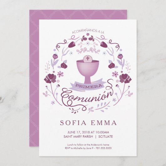 Primera Comunión Invitación - Spanisch, Mädchen Einladung (Vorne/Hinten)