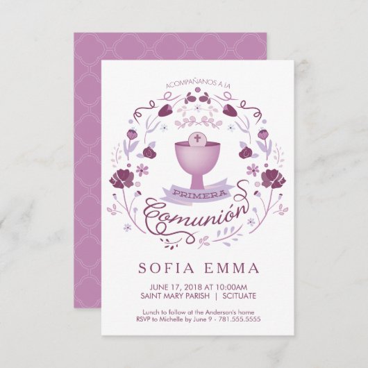 Primera Comunión Invitación - Spanisch, Mädchens Einladung (Vorne/Hinten)