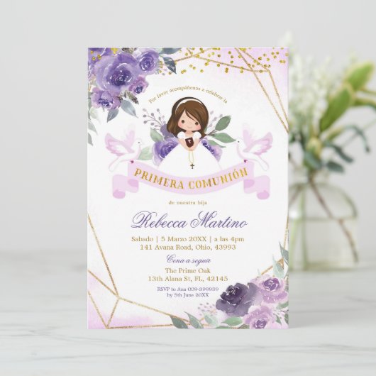 Primera Comunion (Lila und Gold) Einladung (Stehend Vorderseite)
